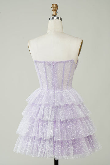 Sparkly Purple Corset Tiered Cute Short Formal Dress